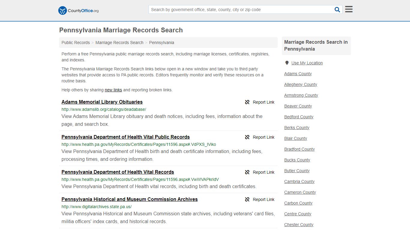 Pennsylvania Marriage Records Search - County Office
